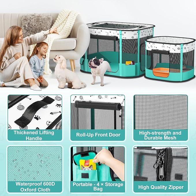 Portable Cat Playpen, Foldable Pet Dog Playpen with Pet Pee Pad, for Kitten Puppy Play Pen Indoor/Outdoor, Cats Enclosure Cages Tent with Carrying Case, 600D Oxford 8-Rods, 32"x24"x22"