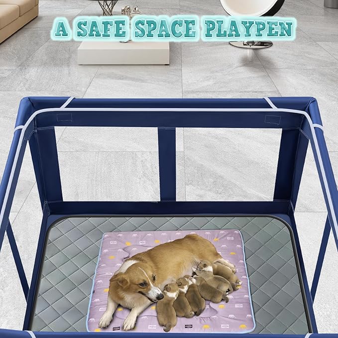 42x42 Inches Puppy Playpen with Dog Pads, Playpen for Puppies or Small Dogs, Indoor & Outdoor Use, Sturdy Safety Pen with Thickened Fabric, High-Strength Nylon Wire Mesh