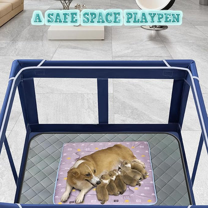 42x42 Inches Puppy Playpen with Dog Pads, Playpen for Puppies or Small Dogs, Indoor & Outdoor Use, Sturdy Safety Pen with Thickened Fabric, High-Strength Nylon Wire Mesh