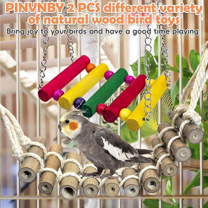 PINVNBY 2PCS Bird Ladder Bridge, Bamboo Bird Toys with Colorful Wooden Bird Swing Toy for Cage, Parakeet Cage Accessories for Small and Medium Birds Budgie Conure Cockatiel