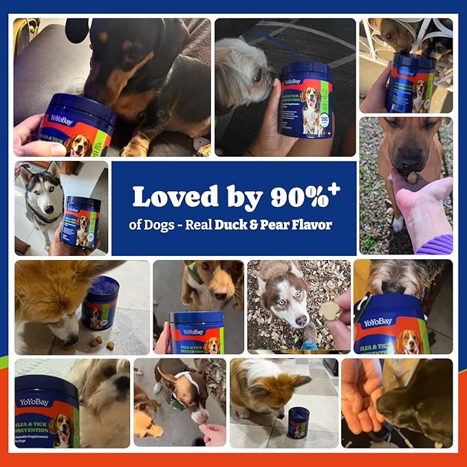 Flea and Tick Prevention for Dogs Chewable - 180 Soft Chews, Duck & Pear Flavor - Dog Flea and Tick Treatment Chewable, Natural Defense- Dog Immune Support Supplement