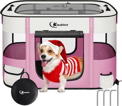 Dog Cat Playpen28/31/35in, Pet Puppy Portable Playpens for Dogs Indoor Outdoor Travel Crate,Foldable Dog Kennel Tent for Rabbit or Small Animals and Tent Stakes (Pink, Large)