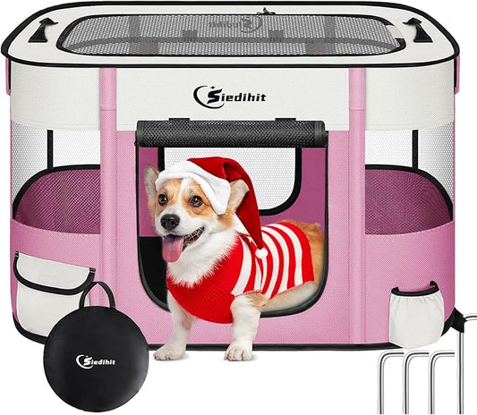 Dog Cat Playpen28/31/35in, Pet Puppy Portable Playpens for Outdoor Travel Crate, Indoor After Surgery Use, Foldable Dog Kennel Tent for Rabbit or Small Animals and Tent Stakes (Pink, Small)