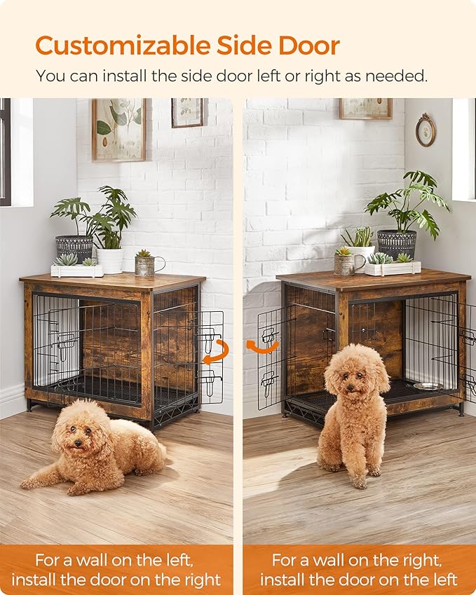 Feandrea Dog Crate Furniture, 27.2" Side End Table, Modern Kennel for Dogs Indoor up to 30 lb, Heavy-Duty Dog Cage with Multi-Purpose Removable Tray, Double-Door Dog House, Rustic Brown UPFC001X01