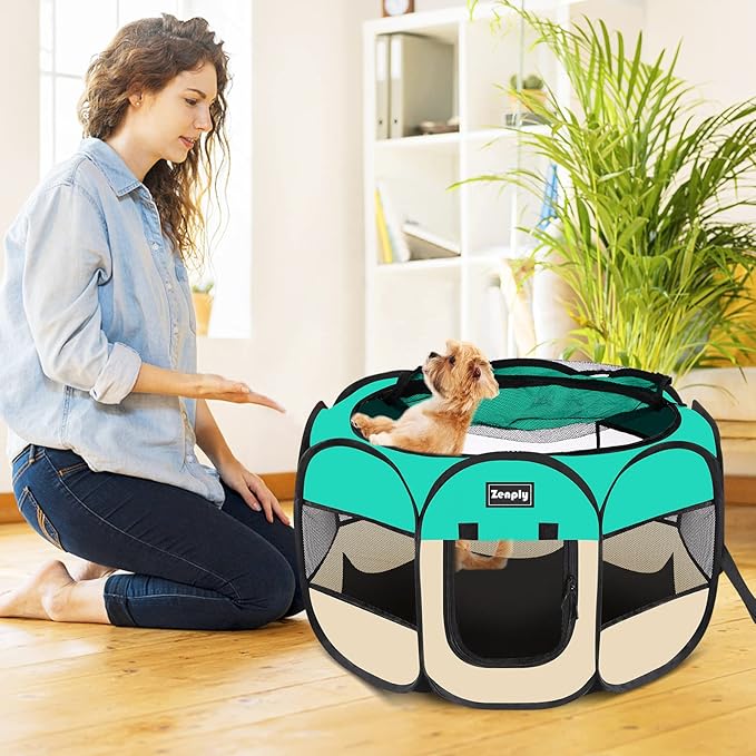 Portable Pet Dog Playpen, Pet Playpen Foldable Extra Heavy Duty Pop Up No Assembly Kennel Tent Crate Indoor Outdoor with Shade Ventilation Mesh for Small Dog, Kitten, Cat, Rabbit (Turquoise,M)