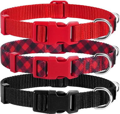 azuza 3 Pack Christmas Nylon Dog Collars Buffalo Check Durable and Comfortable Dog Collars with ID Tag Ring Adjustable for Large Dogs, L (18-26inch)