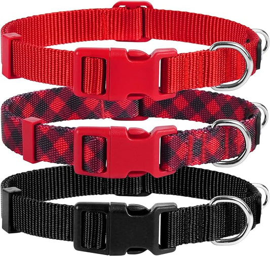 azuza 3 Pack Christmas Nylon Dog Collars Buffalo Check Durable and Comfortable Dog Collars with ID Tag Ring Adjustable for Large Dogs, L (18-26inch)