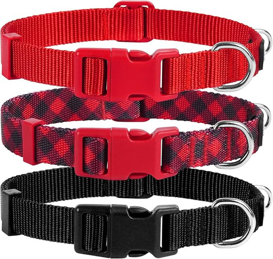 azuza 3 Pack Christmas Nylon Dog Collars Buffalo Check Durable and Comfortable Dog Collars with ID Tag Ring Adjustable for Small Dogs, S (11-16inch)