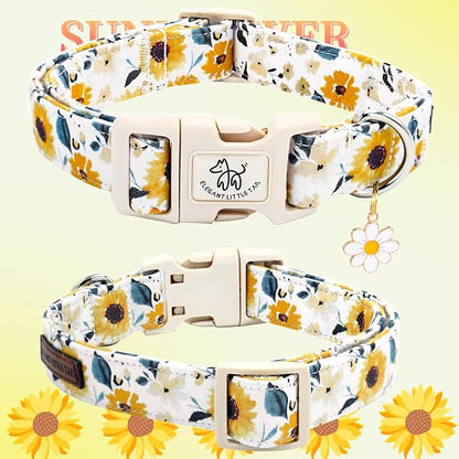 Elegant little tail Dog Collar,Sunflower Pattern Pet Collar Cute Durable Spring Female or Male Adjustable Cotton Pet Collar with Quick Release Buckle for Medium Dogs