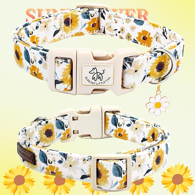 Elegant little tail Dog Collar,Sunflower Pattern Pet Collar Cute Durable Spring Female or Male Adjustable Cotton Pet Collar with Quick Release Buckle for Small Dogs