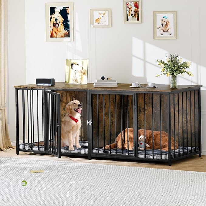 DWVO Double Dog Kennel Furniture, 80.2" Dog Cage Furniture with Divider, Double Dog Crate TV Stand for 2 Medium Dogs, Brown