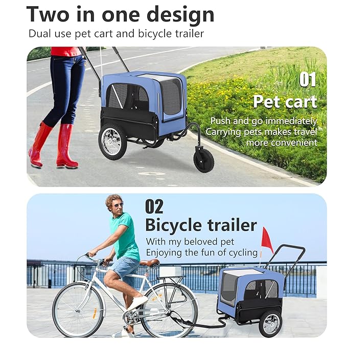 FDW Dog Stroller 2-in1 Dog Bike Trailer Pet Stroller Bicycle Carrier with Hitch Suspension Visibility Flag & Reflectors for Small Medium & Large Dogs (Blue)