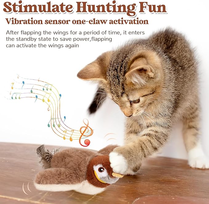 Interactive Chirping&flapping Wings Bird Cat Toy:2025 Electric Flying Cat Toy for Indoor Cats,Realistic Chirping Bird Cat Toy-automatic Flapping Motion,Rechargeable Bird Toys for Cats,Flutters,Not Fly