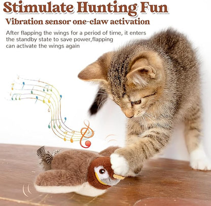 Interactive Chirping&flapping Wings Bird Cat Toy:2025 Electric Flying Cat Toy for Indoor Cats,Realistic Chirping Bird Cat Toy-automatic Flapping Motion,Rechargeable Bird Toys for Cats,Flutters,Not Fly