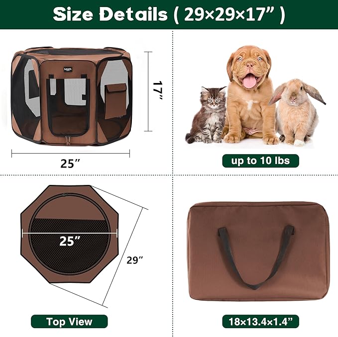 Love's cabin Pet Puppy Dog Playpen, Small Dog Tent Crates Cage Indoor/Outdoor, Portable Playpen for Cat, Foldable Pop Up Dog Kennel Playpen with Carring Case, Brown