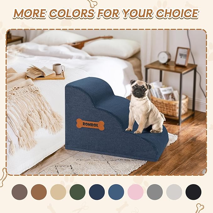 Romrol Dog Stairs Ramp for Beds Couches, Extra Wide Pet Steps with Durable Non-Slip Waterproof Fabric Cover, Pets Slope Stairs, 3-Tiers,Navy
