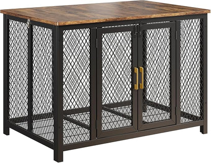 48 Inch Flip Top Dog Crate Furniture, Large Dog Kennel with 2 Doors, Latches, Heavy Duty Metal Dog Cage End Table, Farmhouse Dog Furniture for Large Medium Small Dogs, Brown