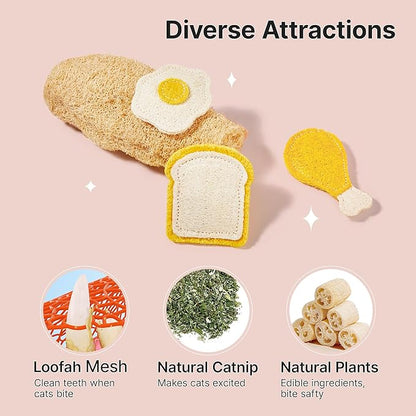 Potaroma Loofah Cat Chew Toys with Catnip and Silvervine, 3PCS Interactive Kitten Loofa Dental Teething and Biting Catnip Toys for Cat's Dental Cleaning, 3.2 Inches