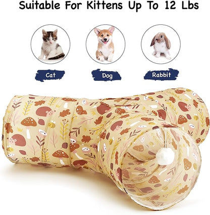 Tempcore Pet Cat Tunnel Tube Cat Toys 3 Way Collapsible, Cat Tunnels for Indoor Cats，Kitty Tunnel Bored Pet Toys Peek Hole Toy Ball Puppy, Kitty, Kitten, Rabbit Khaki Hedgehog