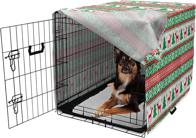 Ambesonne Christmas Dog Crate Cover, Knit Style Graphic Reindeer Star and Snowflake Holiday Family Theme, Easy to Use Pet Kennel Cover for Medium Large Dogs, 36 Inch, White Green