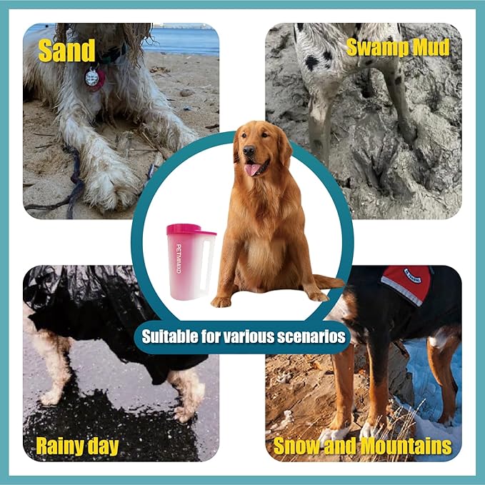 Dog Paw Cleaner with Handle, 2 Absorbent Towels & 2 Adjustable Bath Brushes for Short and Long Hair Pets - Muddy Foot Washer, Pink, Large