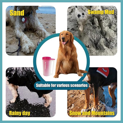 Dog Paw Cleaner with Handle, 2 Absorbent Towels & 2 Adjustable Bath Brushes for Short and Long Hair Pets - Muddy Foot Washer, Pink, Large