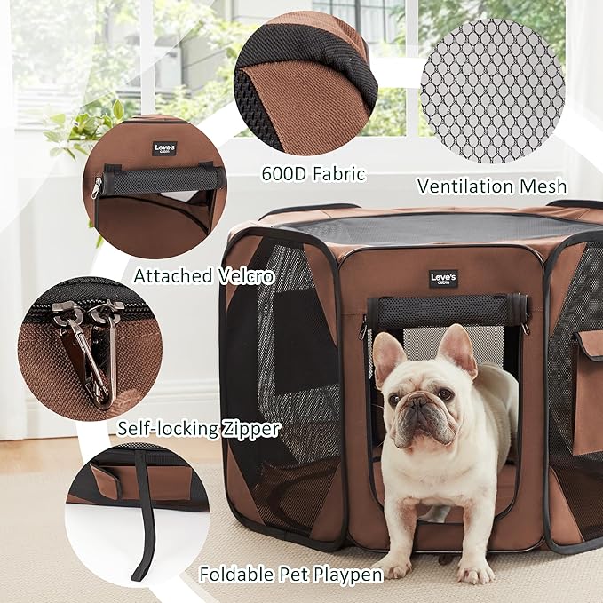 Love's cabin Pet Puppy Dog Playpen, Small Dog Tent Crates Cage Indoor/Outdoor, Portable Playpen for Cat, Foldable Pop Up Dog Kennel Playpen with Carring Case, Brown