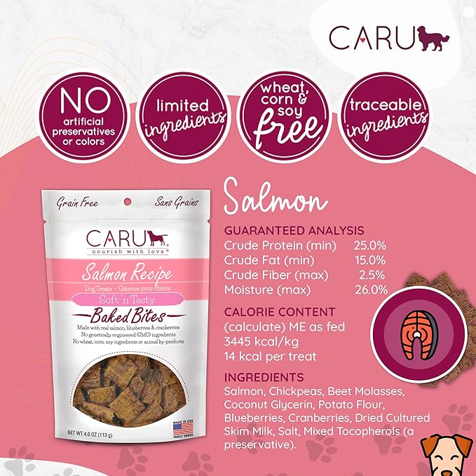 Caru - Soft n Tasty Baked Bites - Salmon Bites Dog Treats - Flavorful Training Treats - 4 oz Bags - Pack of 3
