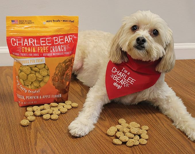 Charlee Bear Dog Treats Small Dogs Training Treats, Crunchy Low Calorie Grain Free Dog Treats, USA Made, Best for Small-Medium Breeds, Puppy Training Treats, Chicken, Pumpkin & Apple, 6 Pack, 8oz Each