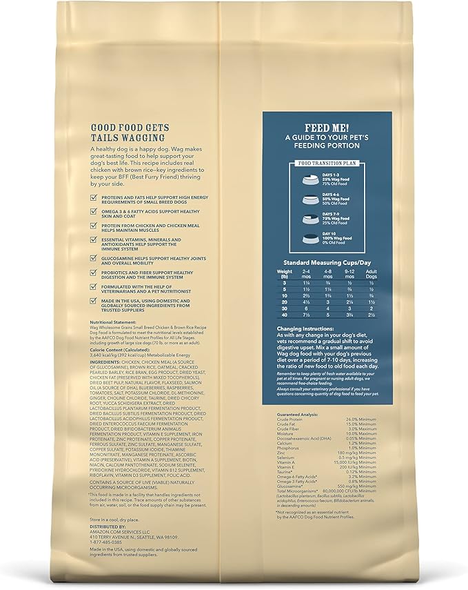 Amazon Brand – Wag Small Breed Dry Dog Food, Chicken and Brown Rice, 5 lb Bag