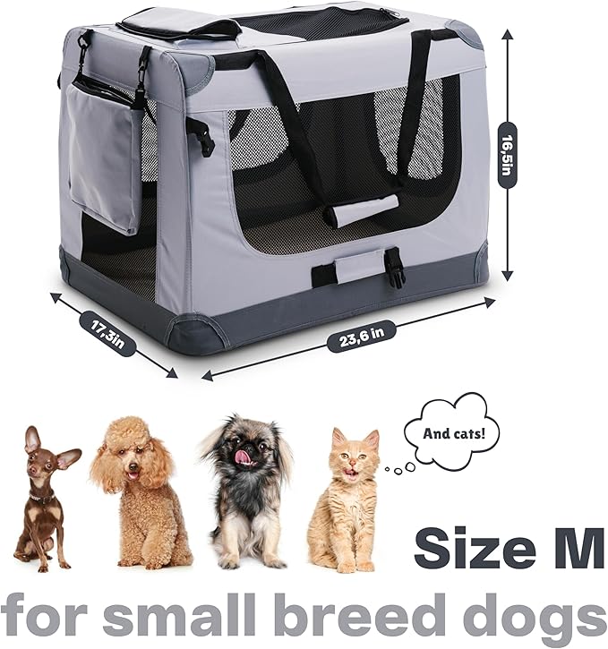 Folding Medium Dog Carrier (23,6"*16,5"*17,3") Pet Carrier, Soft Dog Crate with 3 Durable Tear-Resistant Mesh Window, Soft Pad and Bag for Supplies, Travel Crate Kennel for Pets (Gray)