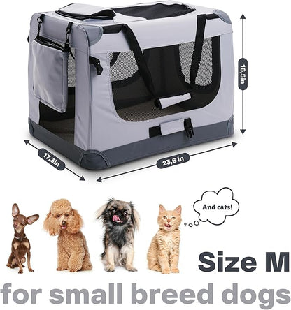 Folding Medium Dog Carrier (23,6"*16,5"*17,3") Pet Carrier, Soft Dog Crate with 3 Durable Tear-Resistant Mesh Window, Soft Pad and Bag for Supplies, Travel Crate Kennel for Pets (Gray)