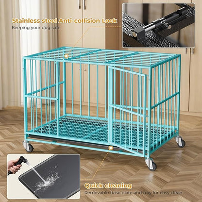 Blue 48 in Heavy Duty Dog Crate Steel Escape Proof, Indoor Double Door High Anxiety Cage, Removable Tray, Kennel with Wheels,XL XXL