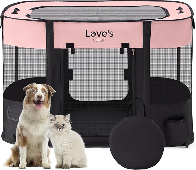 Love's cabin Pet Puppy Dog Playpen, Small Dog Tent Crates Cage Indoor/Outdoor, Portable Exercise Playpen for Cat, Foldable Pop Up Dog Kennel Playpen with Carring Case (S, Pink)