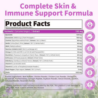 Dog Allergy Relief Chews, Itch Relief for Dogs – Turmeric & Omega-3 Supplements for Skin Comfort, Coat Health & Seasonal Support, Immune Care with Biotin & Quercetin – Beef Flavor, 90 Count