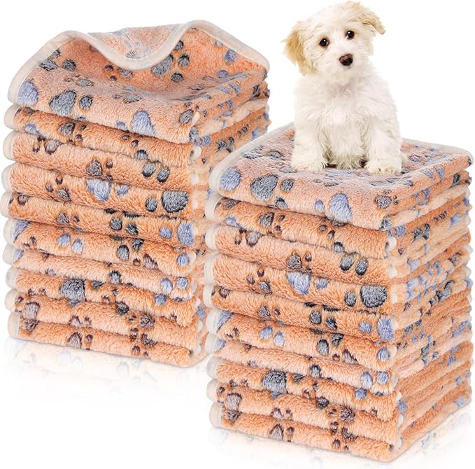 Chumia 40 Pcs Blankets Soft Fluffy Fleece Washable Pet Dog Sleep mat Paw Print Pattern Fleece Blankets for Pets Throw Warm Bed Mat for Dog Puppy Cat(24 x 16 Inch,Brown)