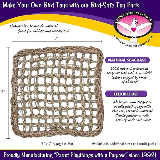 Super Bird Creations SB50002 Seagrass Mat for Cage Decor, Pet Enrichment and Boredom Relief - Versatile Toy-Making Base - Ideal for Parrots - Small to Large Birds & Reptiles - 7"x7" (3 Pack)