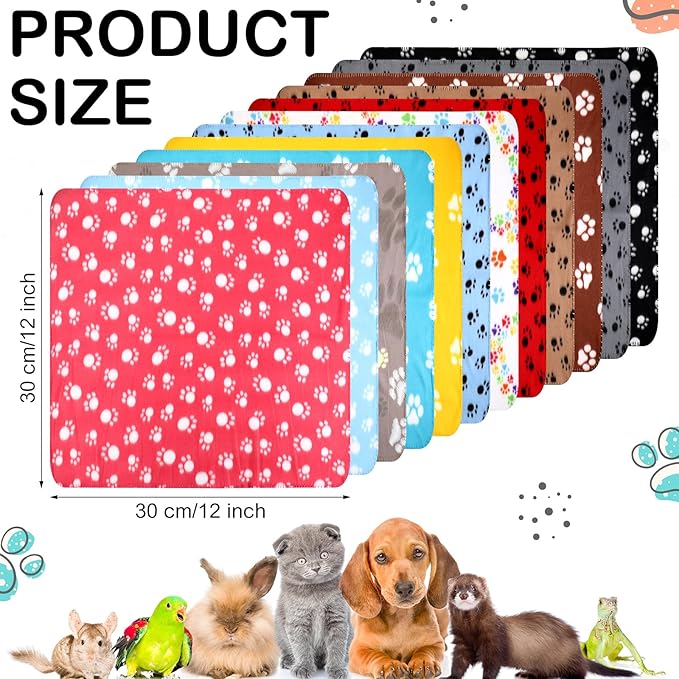 Tegeme 12 Pieces Fleece Blankets for Pets Dog Puppy Paw Print Cat Bedding Cover Blanket for Small Animals Pig Cage Liner Sleep Mat Pad Kitten Soft Warm(Cute Style,12 x 12 Inches)