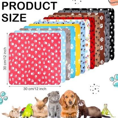 Tegeme 12 Pieces Fleece Blankets for Pets Dog Puppy Paw Print Cat Bedding Cover Blanket for Small Animals Pig Cage Liner Sleep Mat Pad Kitten Soft Warm(Cute Style,12 x 12 Inches)