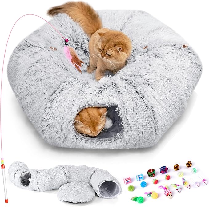 Odoland Cat Tunnel Bed with 20 Cat Toys - Indoor Plush Kitten Couch,Detachable Cats Cave Donut Tunnel & Soft Kitten Toy Set-Cozy Cat Furniture Grey