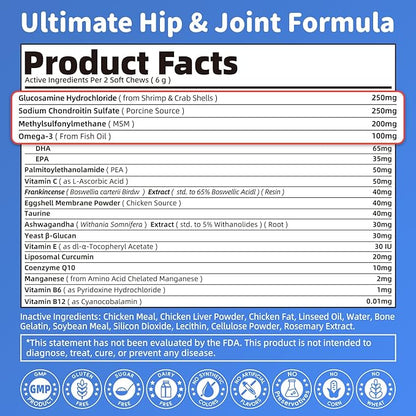 Senior Dog Joint Supplement, 17-in-1 Glucosamine for Dogs with Chondroitin, MSM, Pea, CoQ10, Omega-3, Hip and Joint Chews for Dogs – Chicken Flavor – 90 Soft Chews – for All Breeds & Sizes