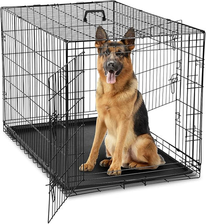 DUMOS Dog Crate, 42 Inch Large Double Door Dog Cage with Divider Panel and Plastic Leak-Proof Pan Tray, Folding Metal Wire Pet Kennel for Indoor, Outdoor, Travel