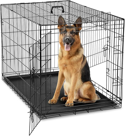 DUMOS Dog Crate, 42 Inch Large Double Door Dog Cage with Divider Panel and Plastic Leak-Proof Pan Tray, Folding Metal Wire Pet Kennel for Indoor, Outdoor, Travel