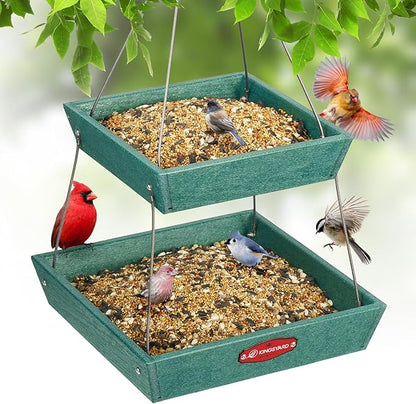 Kingsyard 2 Tier Platform Bird Feeders for Outdoors Hanging, 5 lbs Large Capacity Recycled Plastic Flat Mealworm Bird Feeder Tray, Garden Decoration Attracting Cardinal Blue Jay, Green
