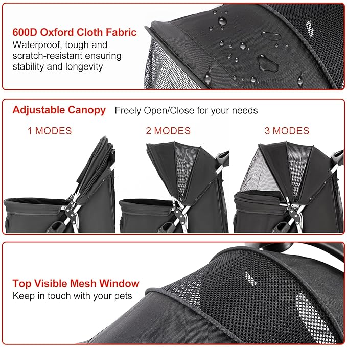 Pet Stroller, Cat Dog Stroller with Storage Basket Foldable Lightweight Dog Carrier Trolley Jogging Stroller, 3 Wheel, Balck