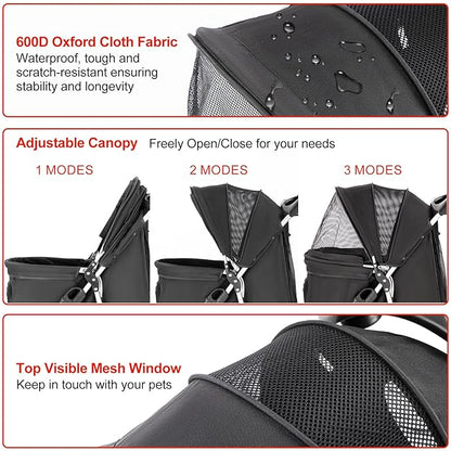 Pet Stroller, Cat Dog Stroller with Storage Basket Foldable Lightweight Dog Carrier Trolley Jogging Stroller, 3 Wheel, Balck