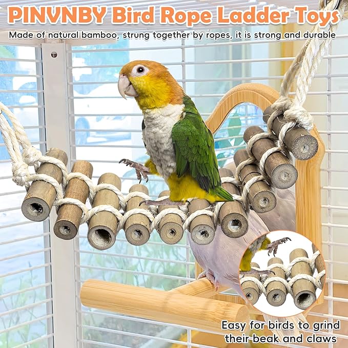 PINVNBY 2PCS Bird Ladder Bridge, Bamboo Bird Toys with Colorful Wooden Bird Swing Toy for Cage, Parakeet Cage Accessories for Small and Medium Birds Budgie Conure Cockatiel