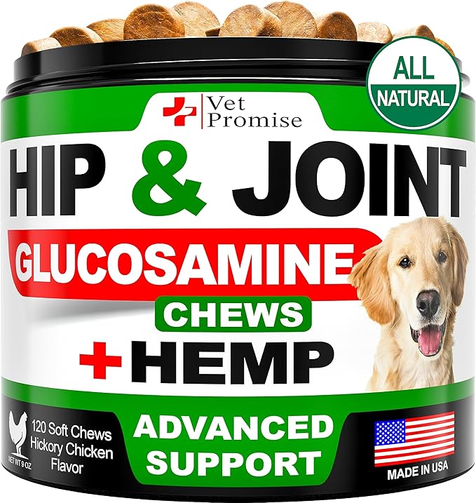 Vet Promise Hemp Hip and Joint Support Supplement for Dogs - Glucosamine for Dogs - Hemp Oil, MSM, Chondroitin - Support for Joint Pain Relief and Health - 120 Soft Chews - Made in USA