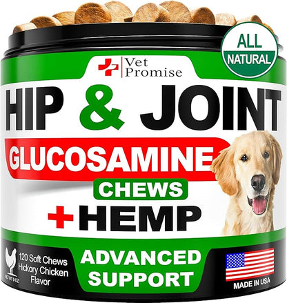 Vet Promise Hemp Hip and Joint Support Supplement for Dogs - Glucosamine for Dogs - Hemp Oil, MSM, Chondroitin - Support for Joint Pain Relief and Health - 120 Soft Chews - Made in USA