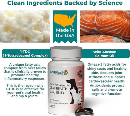 1TDC WorksSoWell Dual Action Joint Supplement for Dogs & Cats - Hip and Joint Supplement for Large Breed & Small Breed - Also Great for Oral Health - Muscle & Stamina Recovery & Arthritis - 60ct